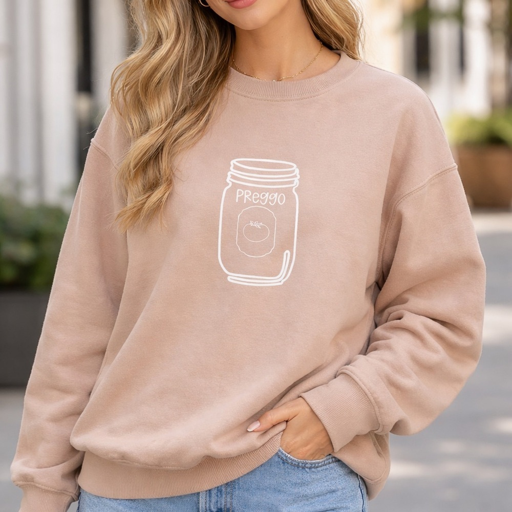 EFAN Women's Beige Crewneck Oversized Sweater with 'Preggo' Graphic Size S